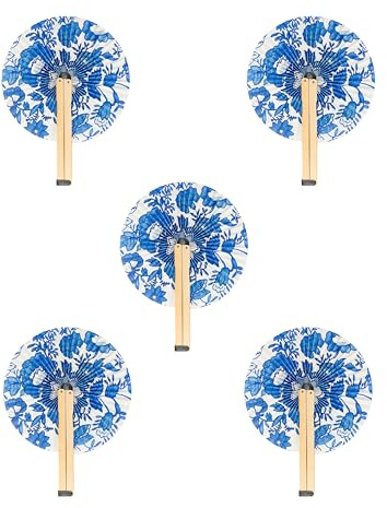 Fisura – Set med 5 solfjädrar med blå blommor. Unika hopfällbara pappersfläktar. Perfekt val för bröllop, ceremonier och speciella tillfällen. En fin present till deltagarna.