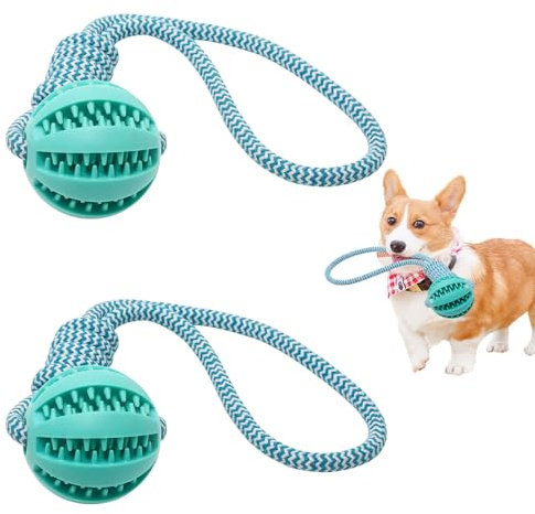 POXIAOER Hundespielzeug, 2 Stück, Gummi-Hundebälle mit Seil, Leckerli-Ballspender für Hunde, Zahnreinigung, Kauen, Spielen, interaktives Spielzeug für kleine, mittelgroße Welpen, Hunde, Haustiere,