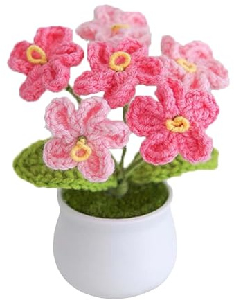 Gorise Handgjord stickning Virkade konstgjorda blommor - Fake Forget Me Nots i krukor Idealisk för hemträdgård och skrivbordsinredning (rosa)