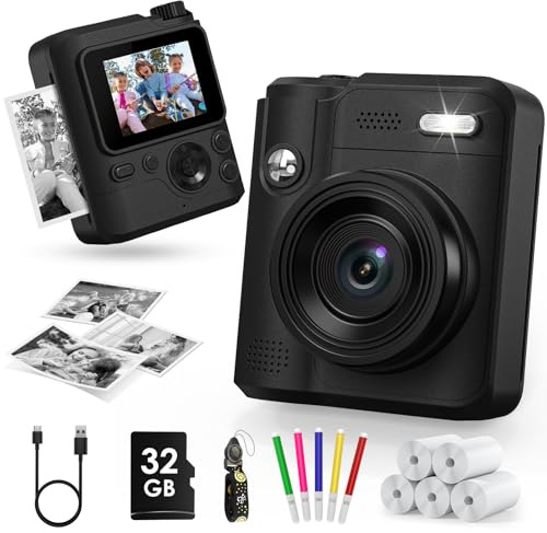 Gofunly Kids Camera Instant Print, 1080P Digital Camera for Kids with 32GB Card & 5 Print Paper Rolls, Selfie Toy Gift for Girls & Boys Ages 3-12, Black