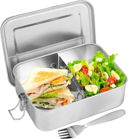 KITDAHOM Fiambrera de Acero Inoxidable Prémium - 1200ml Lunch Box - Lonchera con Tenedor, Todo en Acero Inoxidable 304, con Separación Móvil y Sello a Prueba de Fugas, para Niños y Adultos