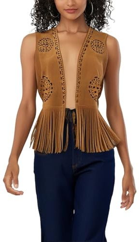 Women's Tassel Vest Hippie Faux Suede Fringed Waistcoat Open Front Sleeveless Y2k Jacket Cardigan Cowgirl Top Streetwear (A Brown, L)