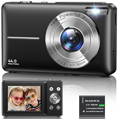 Digital Camera 1080P, 44MP FHD Compact Digital Camera, 16X Digital Zoom Portable Photo Camera with 2.4 LCD Screen, 1 Battery, Vlogging Camera for Kids, Beginners, Teens, Students-Black (No SD Card)