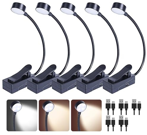 KunHe 5er Set Leselampe Buch Klemme Wiederaufladbar, Buchlampe Zum Klemmen mit Flexiblem Schwanenhals, 3 Modi 3 Helligkeiten, USB Leselampe für Bett, Bücher, Geschenk, Schwarz