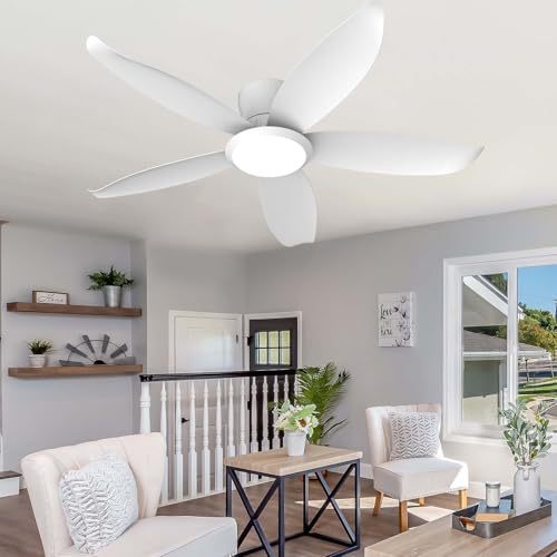 YFHKWJ Smart Takfläkt Med Lamp, 65/88/106CM, APP- & Fjärrkontroll, Dimbart LED, 6 Hastigheter, Tyst DC Motor, Timer, För Sovrum Vardagsrum Matsal-White-106CM