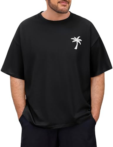 Lonya T-Shirt Homme Grande Taille Été Manches Courtes À Col Rond Oversize 100% Coton Coupe Ample Bigsize Tee Shirt Imprimé Cocotier Basique Décontractée Top, Noir, XL
