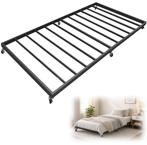 Hlplenn Twin Trundle Bed Frame with Steel Slats, Effortless Roll-Out Trundle Frame, Silent Locking Wheels & Quick Assembly, Space-Saving Guest, Kids, or Dorm Bed for Small Rooms, Black