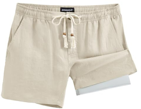MaaMgic Mens Casual Linen Shorts 5.5 Inch Elastic Waist Drawstring Summer 2 in 12 Beach Short with Pockets,Light Khaki,M