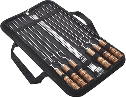Brochetas dobles, pinchos para barbacoa, pinchos de acero inoxidable, pinchos para barbacoa, pinchos para parrilla, pinchos de barbacoa de acero inoxidable con mango de madera