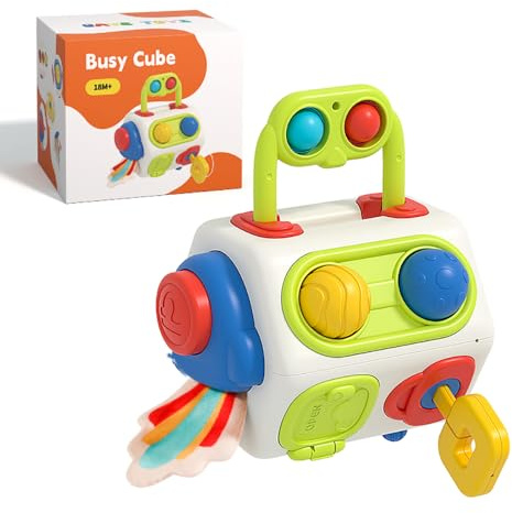 Vamotto Busy Cube Montessori Sensory Activity Board for Toddlers 1 Year Old | Montessori Sensory Activity Busy Board,Fine Motor Skills Toys,Travel Fidget Toy for Airplane Car, Educational Gift for Baby
