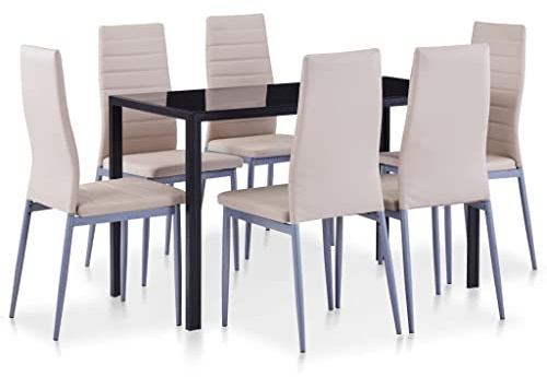 Gruppo da pranzo 7 pezzi Cappuccino Marrone con Vetro Temperato e Ecopelle Moderno Tavolo da pranzo per Sala da Pranzo Cucina Compatto Salvaspazio Telaio Metallico Scandinavo Rustico