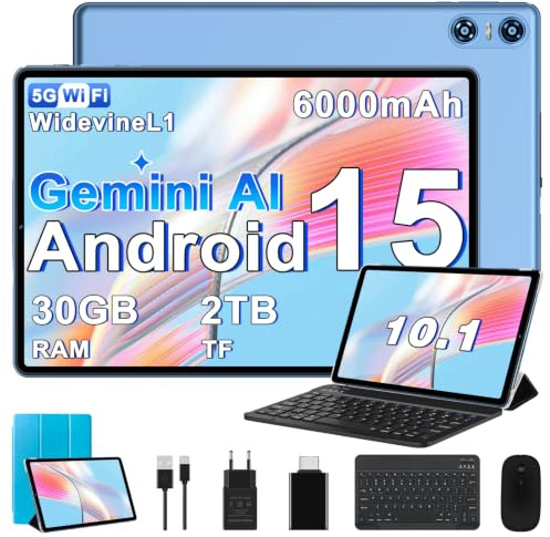 Biegedy 2026 Dernier Tablette 10 Pouces Android 15 avec Gemini AI, 30GO RAM (2TO TF), Octa-Core, 5G WiFi 6, Widevine L1, GMS, GPS, BT 5.0, 6000mAh, 5MP+8MP, Tablette avec Clavier+Souris et Cas - Bleu