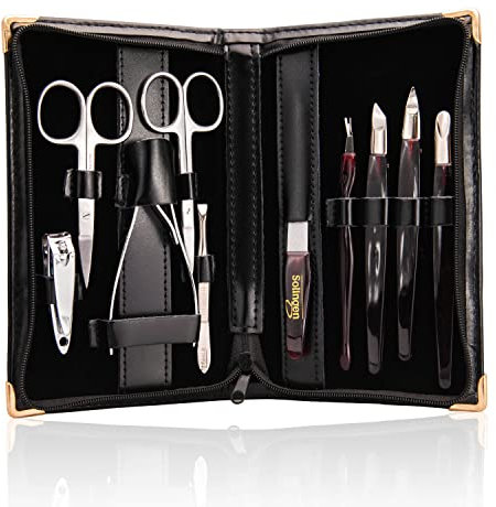 TITANIA Maniküre-Etui Set (10-teilig) • Maniküre Set im schwarzen Echtleder-Etui • Nagelpflegeset • Nagelset mit Nageletui für Damen & Herren • Ideal als Reise Nageletui