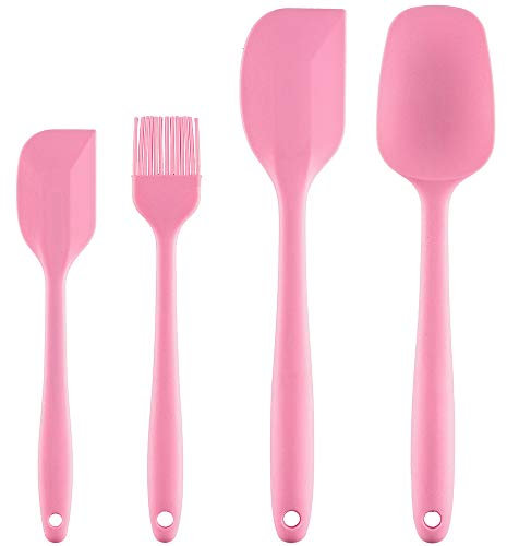PREMYO Set of 4 Silicone Spatulas Kitchen Cooking Spoon Pastry Brush Flexible Dough Scraper Heat Resistant Non-Scratch Blade for Non-Stick Pans Compatible with Thermomix Bowl Cake Non-Slip Grip Pink