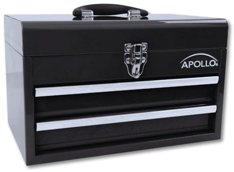 Apollo Tools 14 Inch Steel Tool Box with Deep Top Compartment and 2 Drawers in Heavy-Duty Steel With Ball Bearing Opening and Powder Coated Finish Black