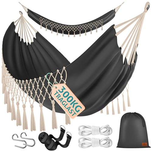KESSER® Hängematte 320x150 cm belastbar bis 300 kg, wetterfeste & atmungsaktive Tuchhängematte mit Fransen für 1-2 Personen – Ideal für Camping, Garten & Outdoor, inkl. Beutel, Seile & Gurte,Anthrazit