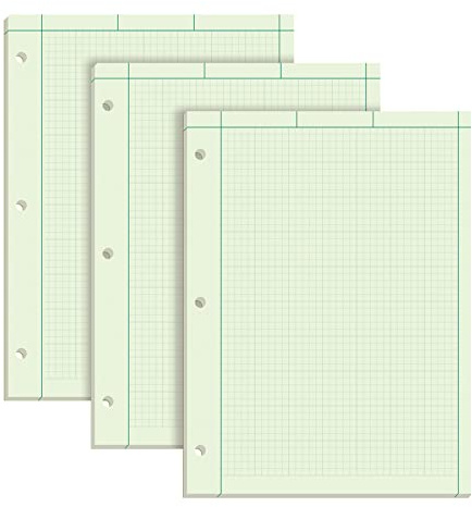TOPS Engineering Notebooks, Graph Notebooks, 3 Pk Quad Ruled Pad, 8-1/2 x 11, Glue Top, 5 x 5 Graph Rule on Back, Green Tint Paper, 3-Hole Punched, 100 Sheets per Pad (35507A)