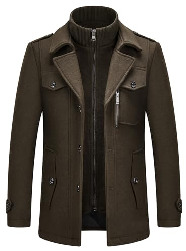 KUDORO Ullrockar för män, kort vinterkappa, vadderad trenchcoat för vardag, affärer, ytterkläder, kappa i tjock ullblandning med avtagbar inre krage, Armégrönt, XXL
