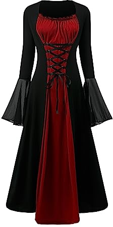 CNVAUIE Costume rinascimentale da donna, abito medievale con maniche a tromba gotico, maxi abito per carnevale, Halloween, feste (Rosso, M)
