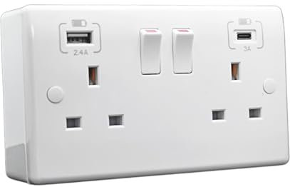 SH|P ® CONVEX Range 13A Double Wall Socket with FASTCHARGE 15W 3.1A 5V USB A+C + 29mm Surface Mount Back Box Set White Plastic Electrical Sockets Range Screw Caps (USB Type C - 2 Gang)