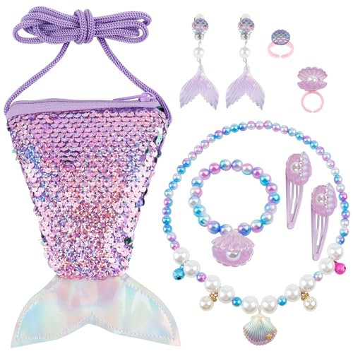 Nswayy 9 Pcs Meerjungfrau Kinder Schmuckset Mädchen，Schmuckkästchen Klein Meerjungfrauenflosse Mädchen Tasche Halsketten Ohrringe Armbänder Ringe Geschenke für Mädchen