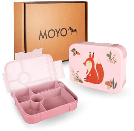 MOYO Kinder Brotdose in Rosa I Luftdichte & auslaufsichere Brotzeitbox I Hochwertige & stilvolle Brotbox inkl. Snackgabel I Spülmaschinenfeste Lunchbox mit Fächern I BPA-freie Snackbox für Kinder