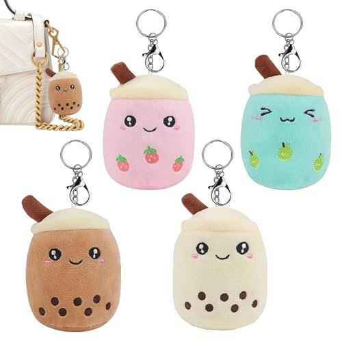TZQFROCE 4 Stück Bubble Tea Kuscheltier Bubble Tea Kuscheltier mit Schlüsselanhänger Plüschtiere Bubble Tea Plüschtier Bubble Tea Anhänger mit Schlüsselanhänger für Kinder Geburtstag Gastgeschenke