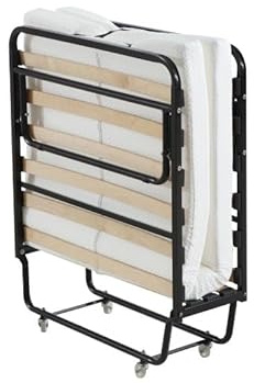 Folding Single Bed with 10cm Memory Foam Mattress, Portable Guest Bed on Wheels with Metal Frame and Wood Slats, White, 200x80cm