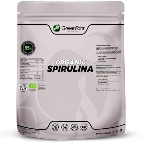 Green Tahr Espirulina en Polvo Ecológica 750g, 100% Alga Spirulina Apta para Veganos, Sin Gluten, Sin Aditivos, Alto Contenido en Proteínas 55%