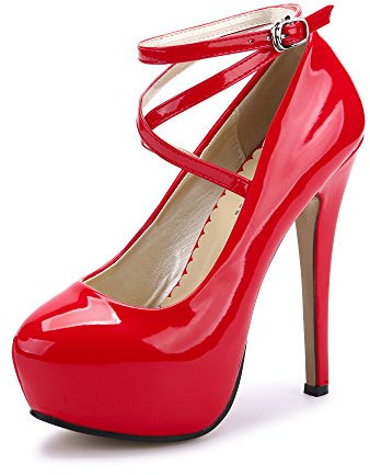 Womens Stiletto High Platform Heels Round Toe Ankle Strap Platform Pump Party Dress Heel (Beige Sole) PU Red Tag Size 46 - UK 10