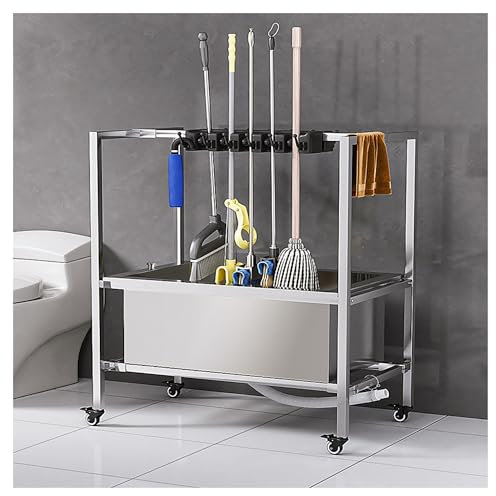 Soporte para fregona y escoba, suministros de limpieza, carritos con ruedas, organizador para el hogar, garaje, escuela, hospital, estante para fregona húmeda con drenaje, armario de herramientas de