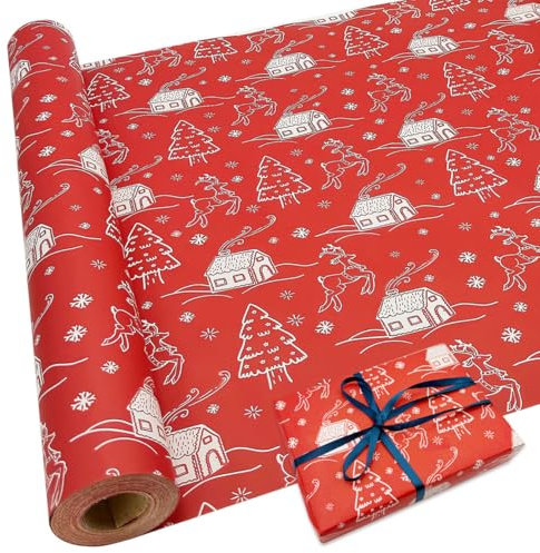 Geschenkpapierrolle für Weihnachten: Rotes Kraftpapier mit festlichem Design recycelbares Weihnachtsgeschenkpapier 43cm x 15m
