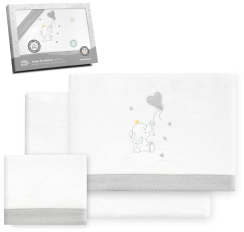 Interbaby Set med lakan för spjälsäng, 60 x 120% bomull, 100% bomull, flanell, varm, mjuk vagga, inkluderar lakan, bänkskiva och örngott, perfekt för vintern, elefant ballonghjärta vit/grå