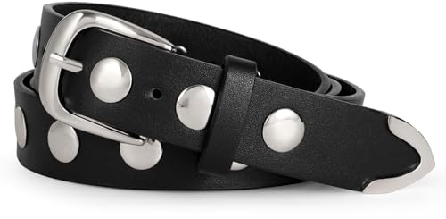 WERFORU Women Fashion Leather Belt for Jeans Pants Dress Ladies Vintage Punk Studded Belt with Silver Buckle Black
