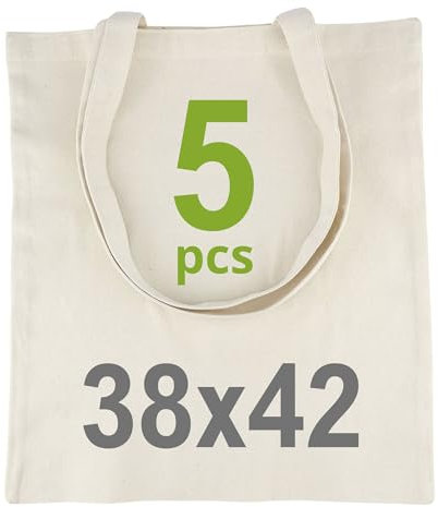 IDEA HOME-5 Stück Baumwolltasche 38x42cm- 220g - Jutebeutel Groß - Stoffbeutel Unbedruckt, Personalisierung Möglich – Bestickung oder Bemalung - Stofftasche mit zwei langen Henkeln - Natur