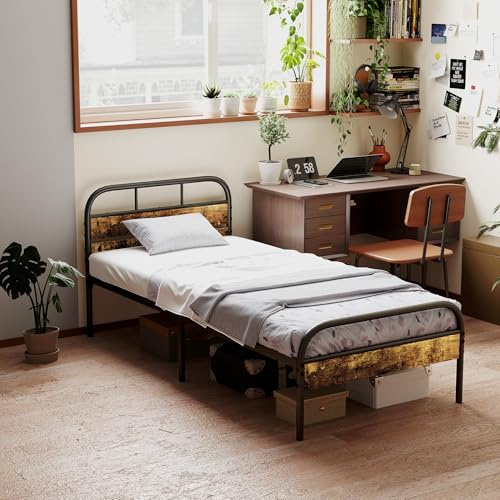 HOMCOM 3ft Single Bed Frame, Platform Bed Frame with Headboard and Underbed Storage, Slat Support, Easy Assembly & No Box Spring Needed, Rustic Brown
