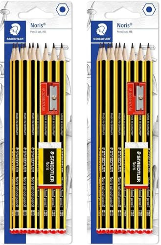 STAEDTLER Noris - 121 matite scolastiche con mini gomma + temperamatite, 2 confezioni da 12 confezioni da 12 pezzi, 2 matite in totale, 2 mini gomme da cancellare e 2 temperamatite a foro singolo