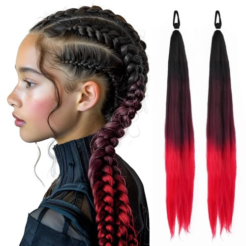 Lot de 2 extensions de cheveux synthétiques à tresser - 75 cm - Avec chouchou - Tresse colorée - Pour enfants, fête, vacances, carnaval - Décoration (B)