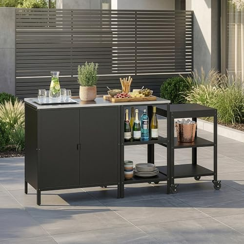 casa.pro Set Mobili da Esterno in Acciaio Composto di Bancone Armadietto e Carrello Portavivande Mobili da Giardino per Barbecue Cucina Outdoor - Nero opaco