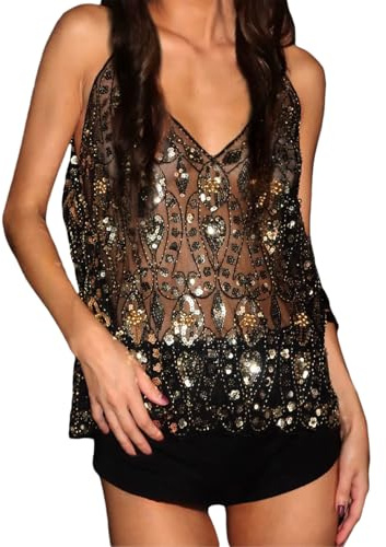 Loalirando Camisole Femme, Haut Transparent avec Paillettes et Perles, Col V, Style Soirée