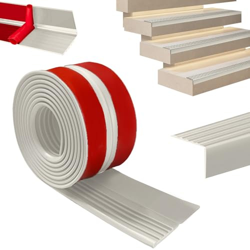 Perfil de borde de escalera autoadhesivo, 2 m, bordes de escaleras, perfil de transición, antideslizante, peldaños de goma flexible, para interiores y exteriores, color gris