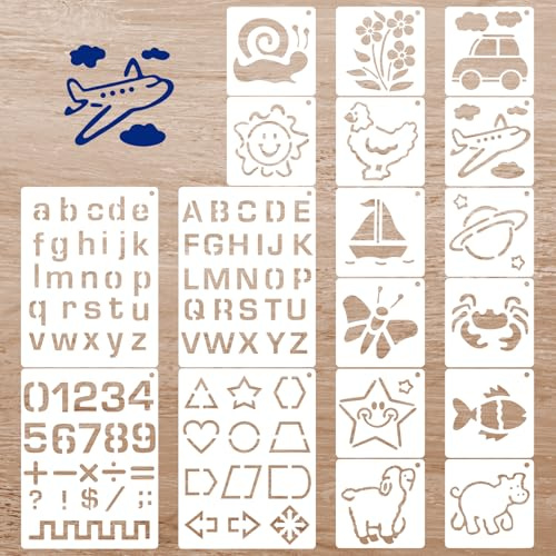 18 stycken bokstäver stencil, återanvändbara målningssatciler, PET-plast, ritmallar, textildesignmallar, för trä, vägg, tyg, sten, sköld, gör-det-själv-hantverk (2 storlekar)