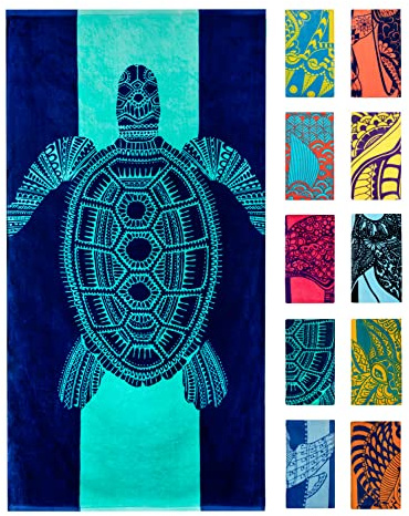 Nova Blue Turtle Beach Towel – Tropical Blue Colors with A Unique Design, Extra Large, XL (34”x 63”) Made from 100% Cotton for Kids & Adults