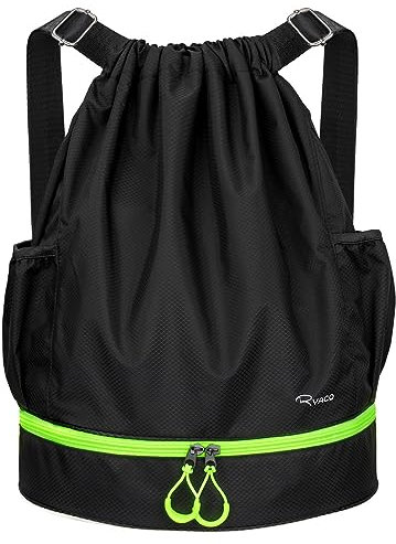 RYACO Drawstring Backpack Sports Gym Bag, Water Resistant String Sackpack Large Size with Zipper and Water Bottle Mesh Pockets for Gym Shopping Sport Yoga School Swimming Beach