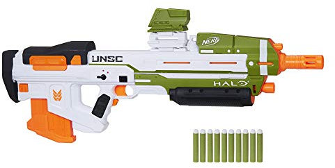 Nerf Halo MA40 Motorised Dart Blaster – Includes Removable 10-Dart Clip, 10 Official Nerf Elite Darts and Attachable Rail Riser