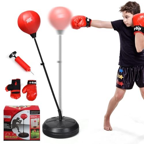 COSTWAY Saco de Boxeo Regulable de 120 a 154 cm, Punching Ball, Juego de Boxeo con Guantes y Bomba Manual para Adultos y Niños de 8+ Años (Negro)