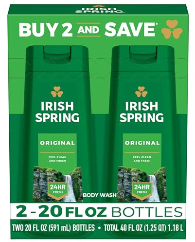 Irish Spring Original Moisturizing Body Wash for Men, 24-Hour Fresh, Face and Body Wash, Men’s Body Wash, Biodegradable Ingredients, Paraben Free, Cool Fresh Scent, 20 fl oz Bottle (2 Pack)