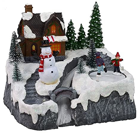 Villaggio Scenario Natalizio PATTINATORI E PUPAZZO DI NEVE Carillon Ruscello con Pista Pattinaggio in Movimento con luci LED e Musica Paesaggio Natalizio Carillon con luci 16x16x20 cm Giostrina