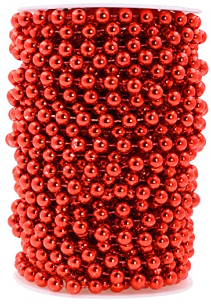 Mandala Crafts 8mm Faux Red Pearl Beads Roll, 20 Yards Decorative Pearl Garland String for Wedding, Christmas Tree, Floral Arrangements, Vases, and Event Décor