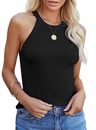Homlan Damen Neckholder Ärmellose Tank Tops Racerback Rundhals Basic Slim Fit Shirts Elegant Oberteile Ribbed Knit Cami Top Sexy (Large, Schwarz)